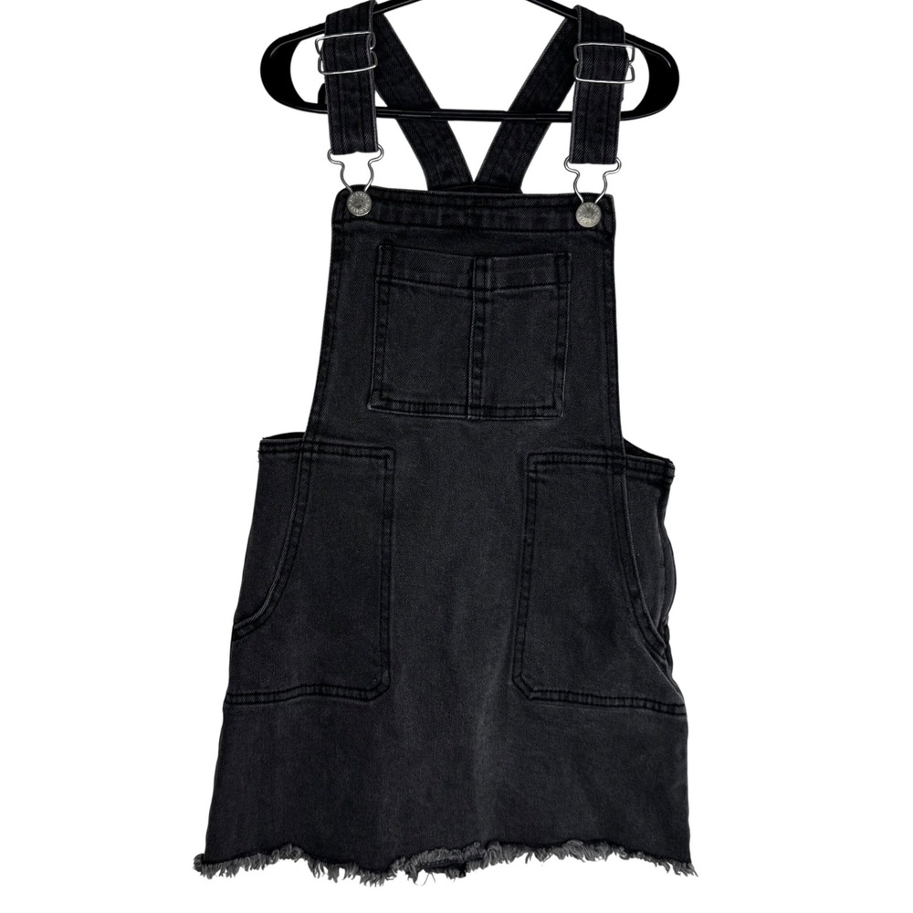 Art Class Black Denim Overall Dress Kids Girls S (6/6X) Frayed Hem Pockets